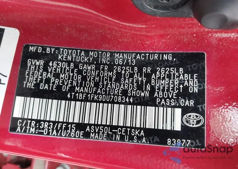 2013 Toyota Camry L/Se/Le/Xle z USA, uszkodzony, nr VIN 4T1BF1FK9DU708344